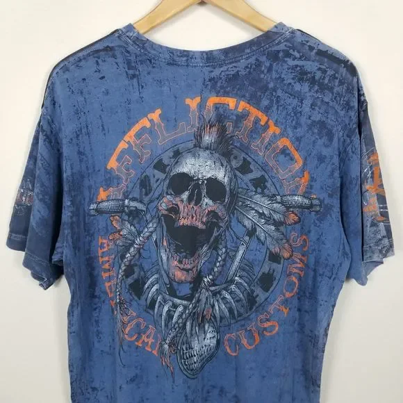 Affliction American Customs Warpath Blue Distressed Skull Graphic T-Shirt Sz XL - Picture 9 of 13